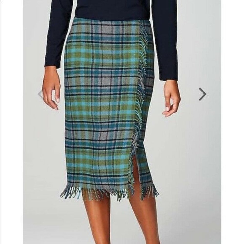 NWT J. Jill Green Blue Plaid Wool Blend skirt 10